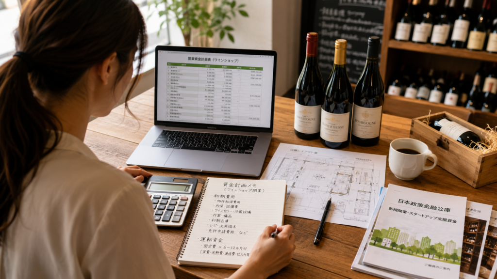 ワインショップ開業の資金計画を立てる女性