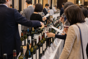 インポーターのワイン試飲会でワインを吟味しているところ