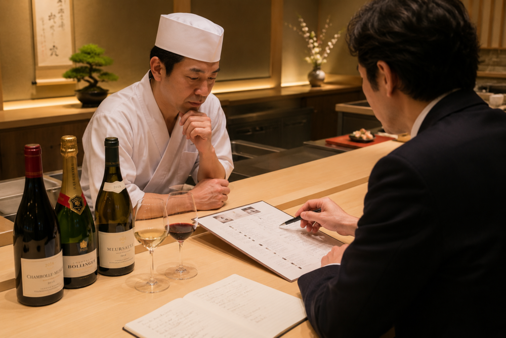 日本料理店にワインを提案しているところ