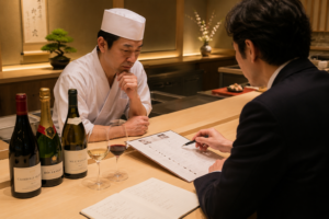 日本料理店にワインを提案しているところ