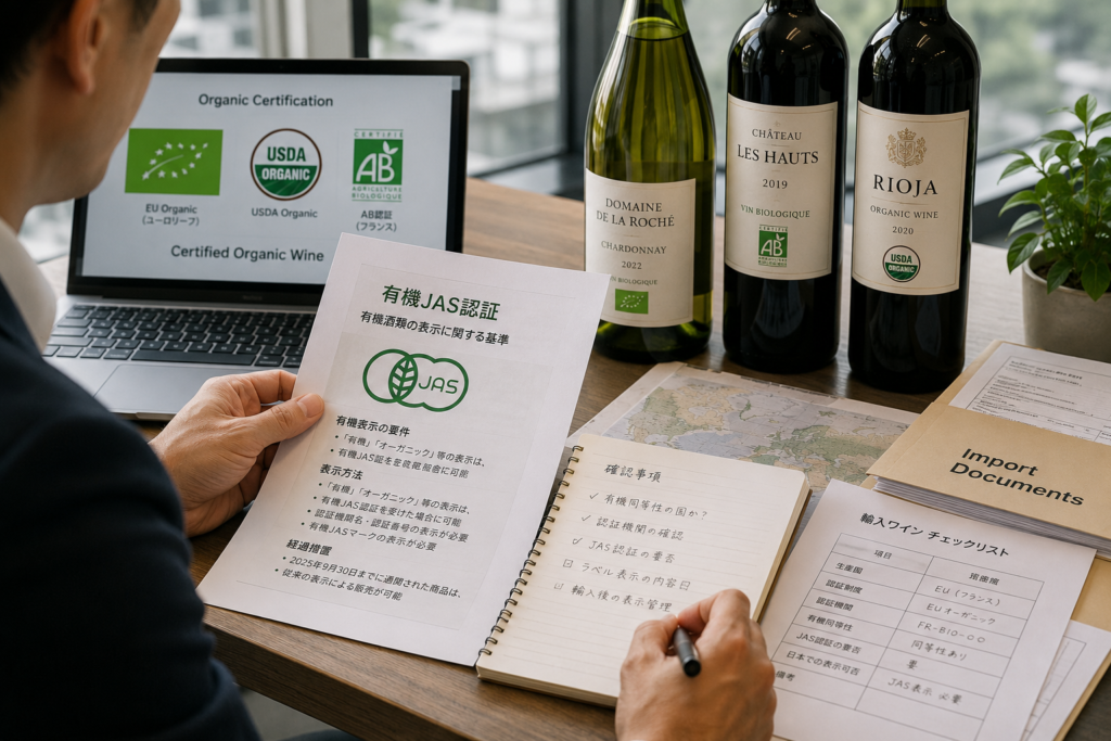 ワインの有機栽培表示を確認している
