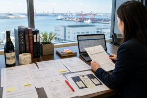 港の見えるオフィスで輸入書類を精査している