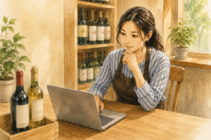 ワインショップで海外からのメールを確認している