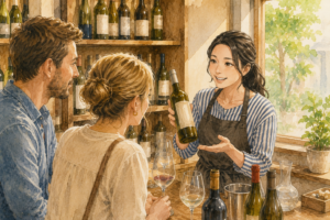 外国人観光客に日本ワインを説明している