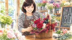 ワインとお花のアレンジを作るお花屋さん