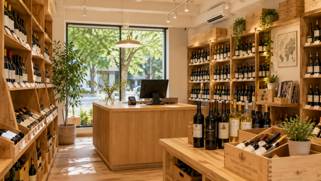 温かみのあるワインショップ店内