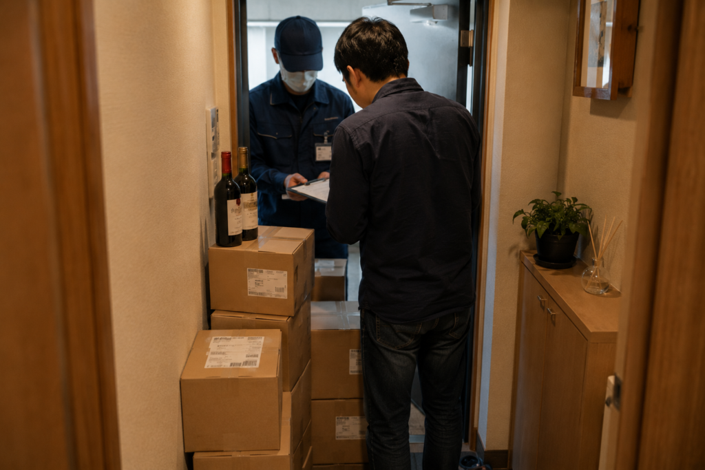 自宅でECショップ開業し、玄関に宅配業者が集荷しに来ているところ