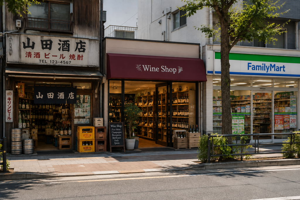 酒販免許の需給調整要件緩和の例として、昭和の酒販店と、ワインショップ、コンビニが並んでいる様子