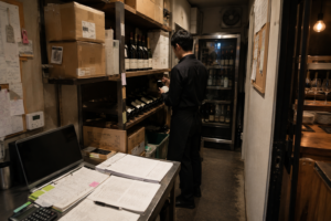 飲食店のバックヤードで仕入れたワインを検品中