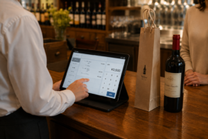 飲食店の持ち帰り販売で、ワインの売り上げをタブレットで管理している