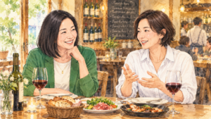 中学の同級生の46歳女性が二人で楽しく食事しているイメージ
