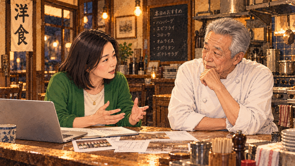 お父さんにワインショップのことを相談しているイメージ