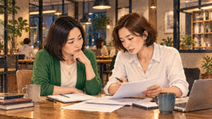 二人で会社設立について調べている