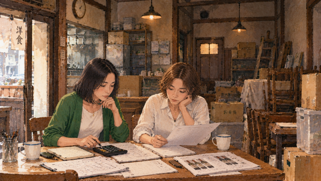 ワインショップの方向性を二人で話し合っている