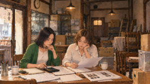 ワインショップの方向性を二人で話し合っている