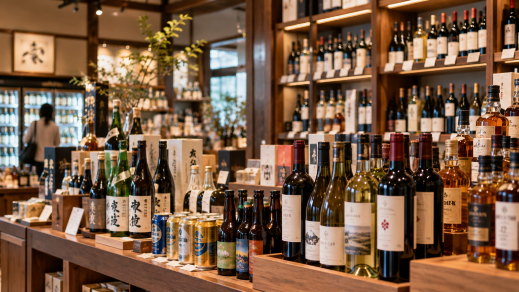様々な酒類を扱う現代の酒販店イメージ